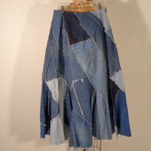 ONE OF A KIND PATCHWORK MAXI DENIM ALINE SKIRT